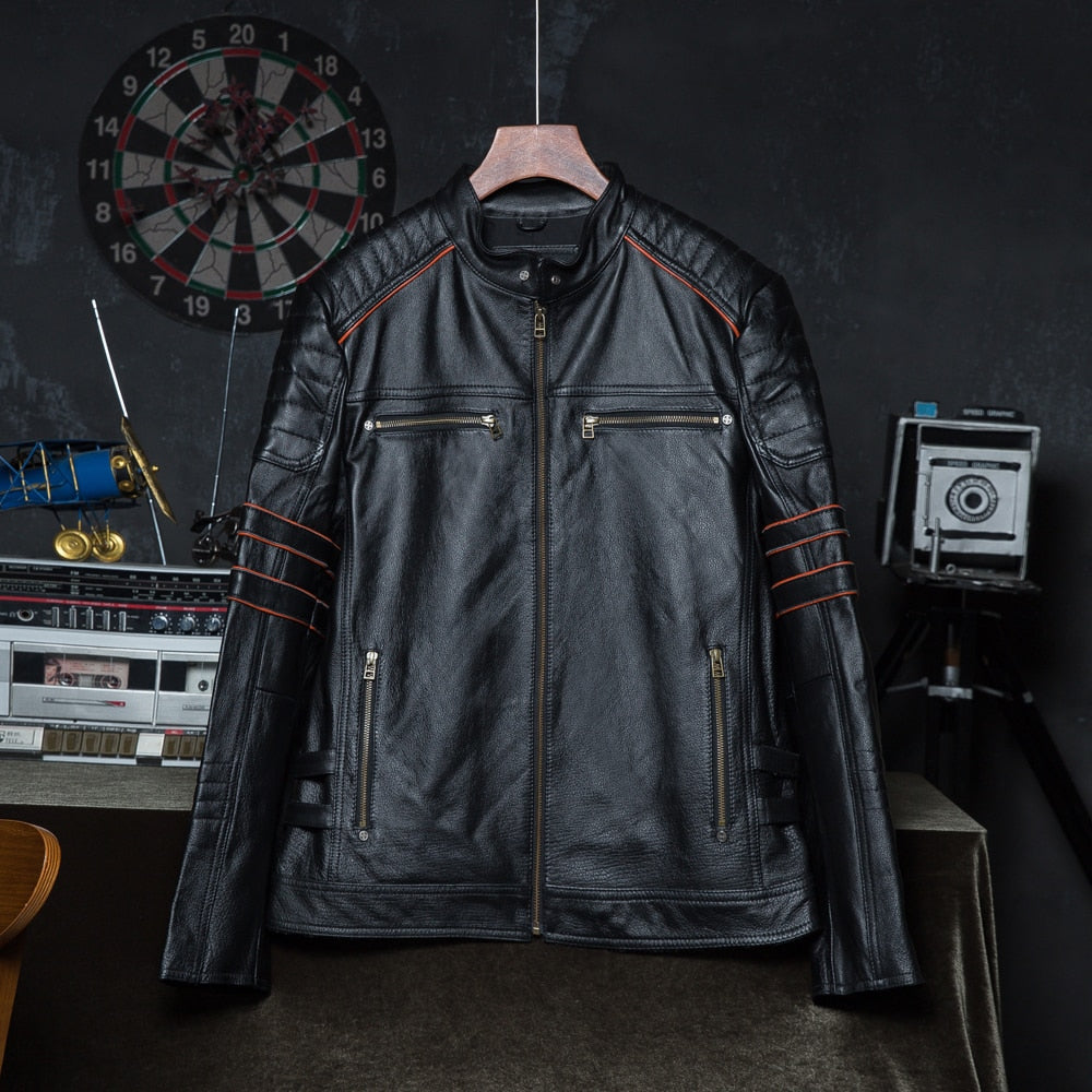 Embroidered biker leather jacket
