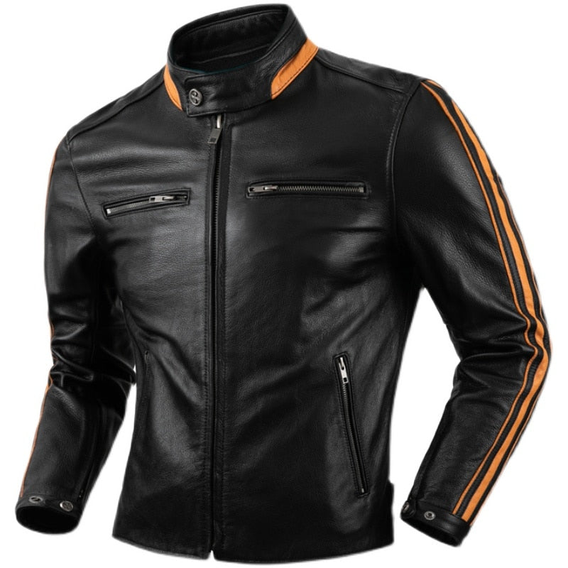 black genuine leather striped jacket