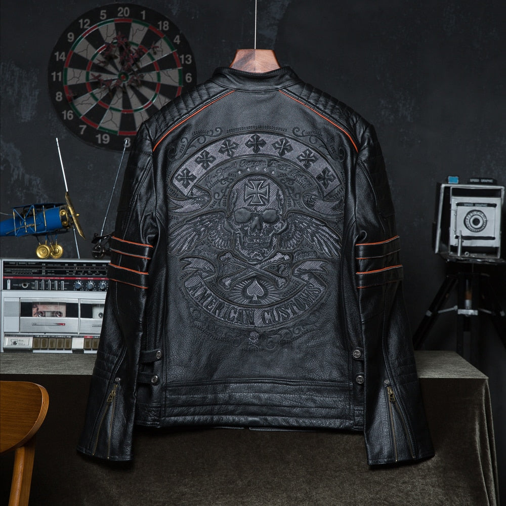 Embroidered biker leather jacket