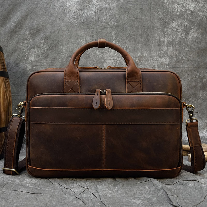 Retro Genuine Cowhide Leather Briefcase for 15.6" Laptop 