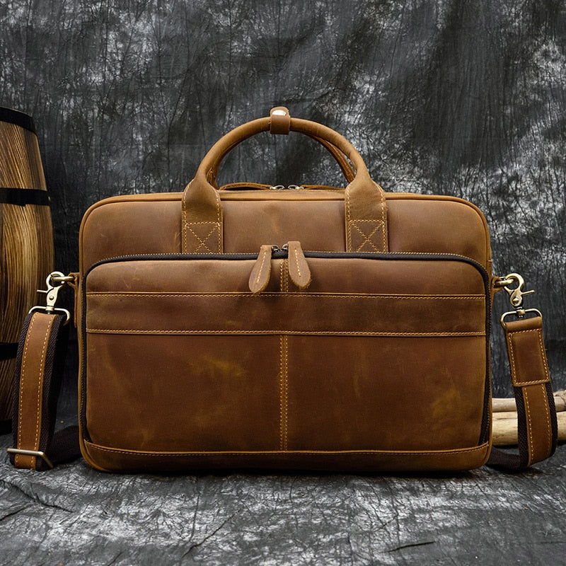 Retro Genuine Cowhide Leather Briefcase for 15.6" Laptop 
