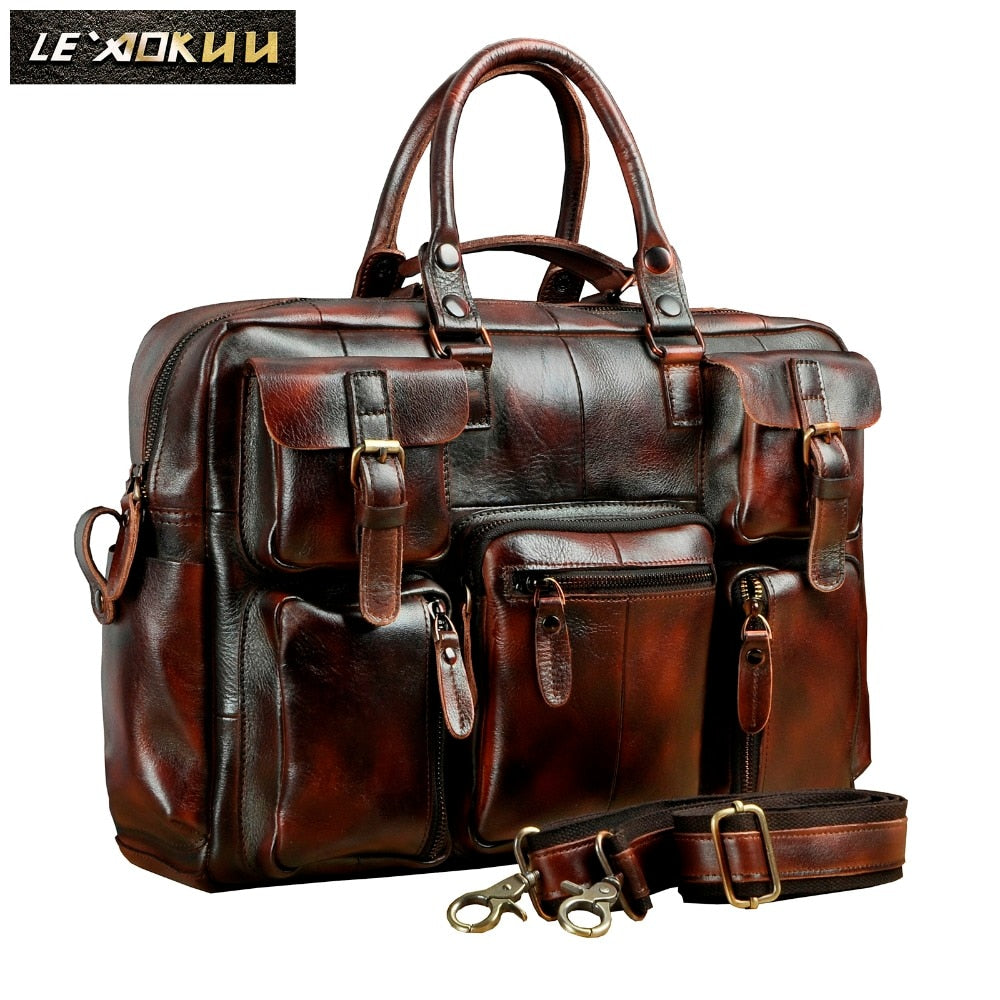 Genuine cowhide leather multi-pocket briefcase bag