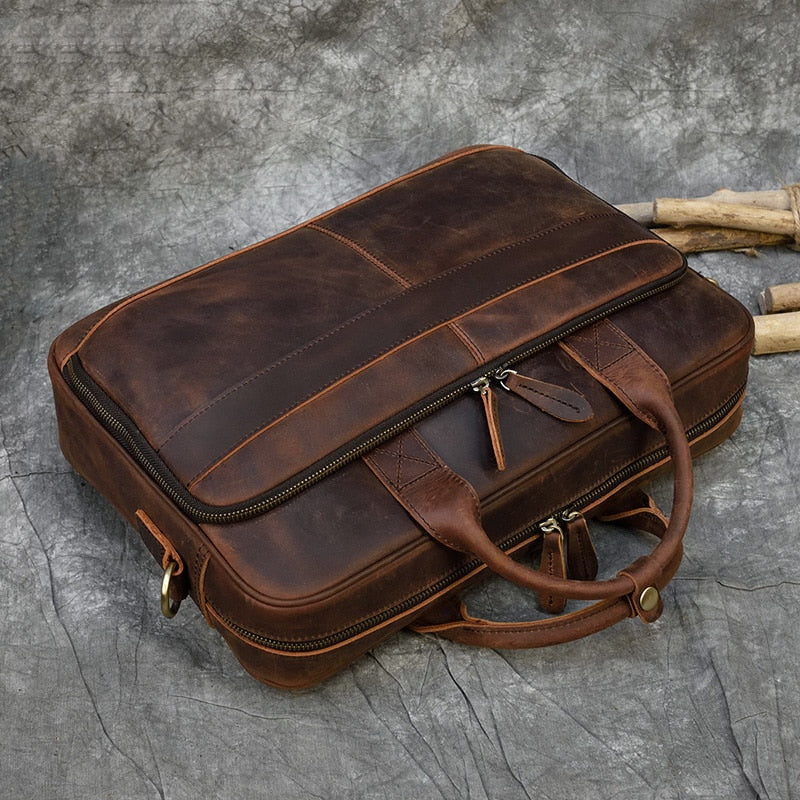 Retro Genuine Cowhide Leather Briefcase for 15.6" Laptop 
