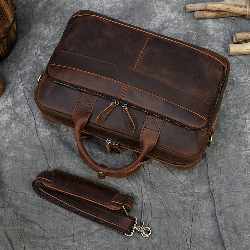 Retro Genuine Cowhide Leather Briefcase for 15.6" Laptop 