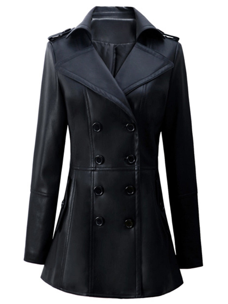 Nerazzurri Women's British Style Brown PU Leather Trench Coat 