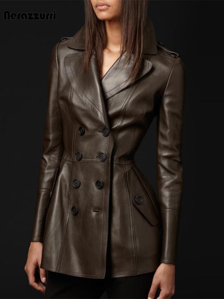 Nerazzurri Women's British Style Brown PU Leather Trench Coat 