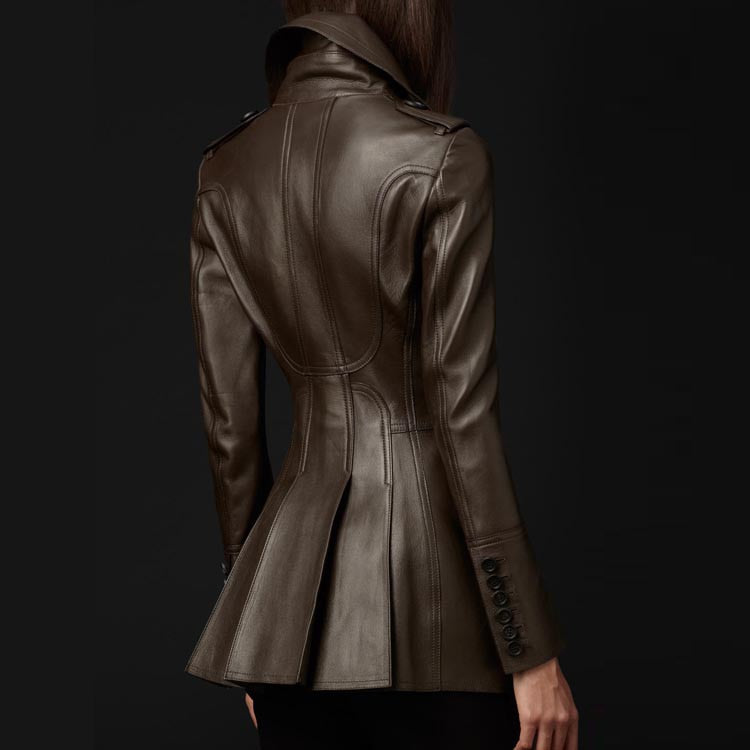 Nerazzurri Women's British Style Brown PU Leather Trench Coat 