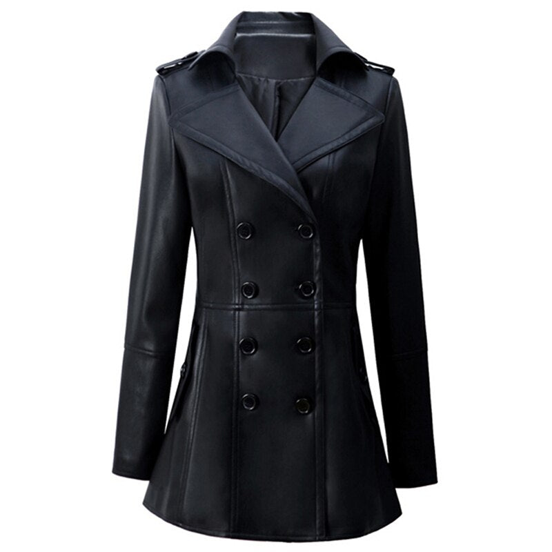 Nerazzurri Women's British Style Brown PU Leather Trench Coat 