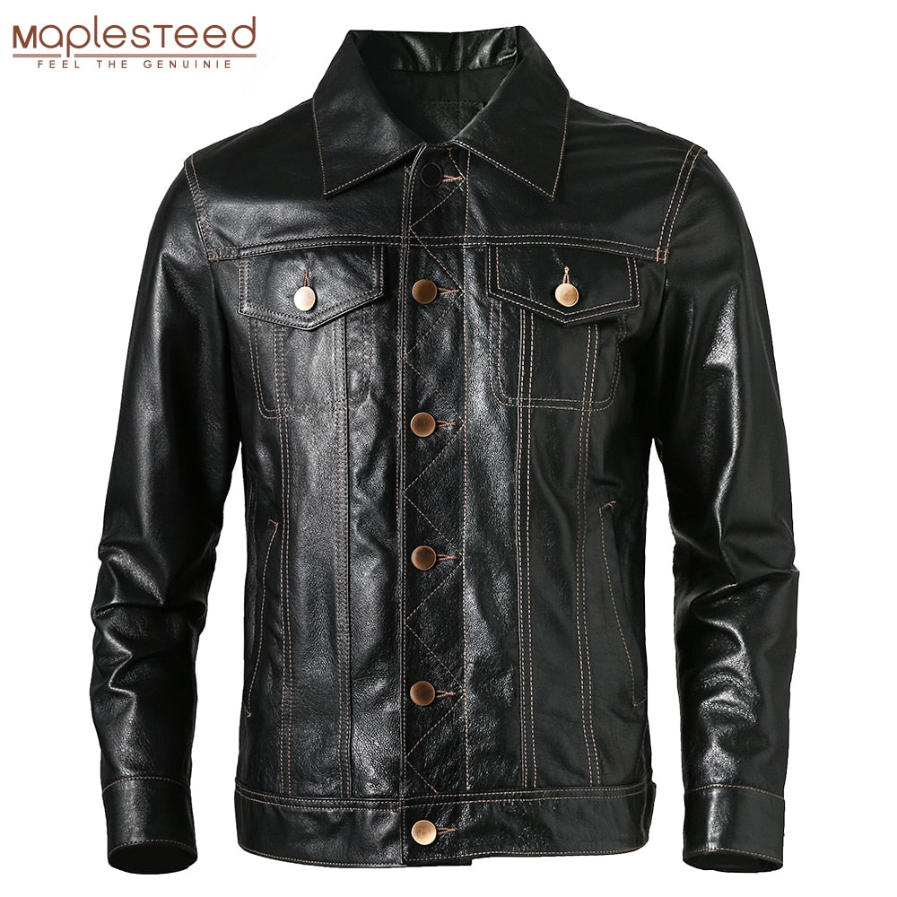 Genuine leather button-down jacket