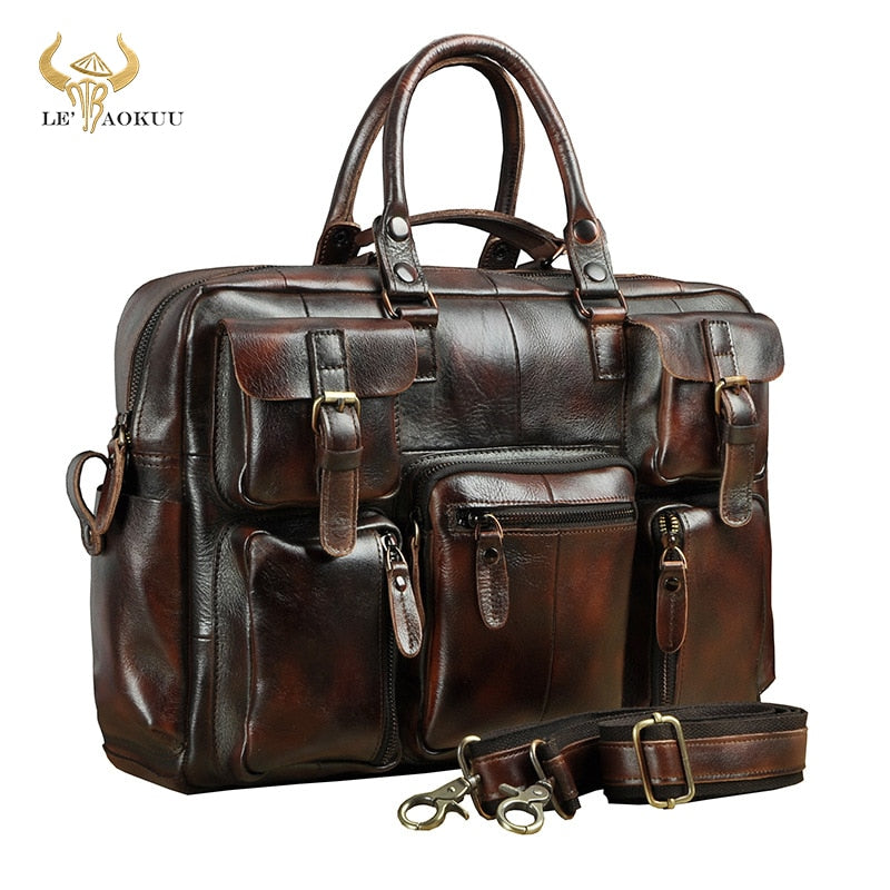 Genuine cowhide leather multi-pocket briefcase bag