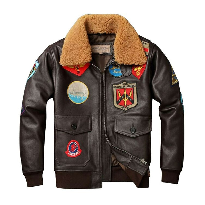 Leather jacket with wool collar
