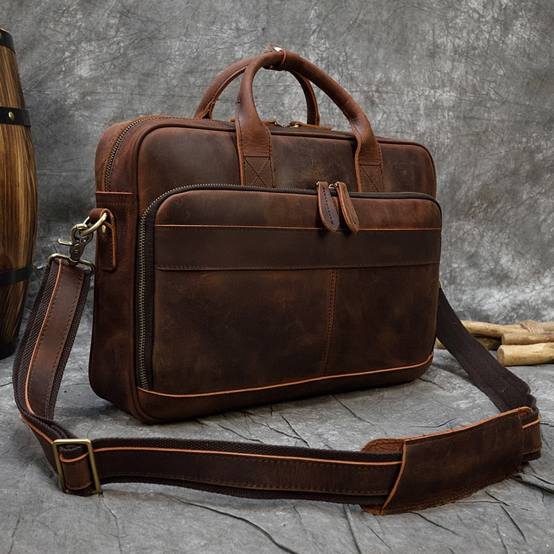 Retro Genuine Cowhide Leather Briefcase for 15.6" Laptop 