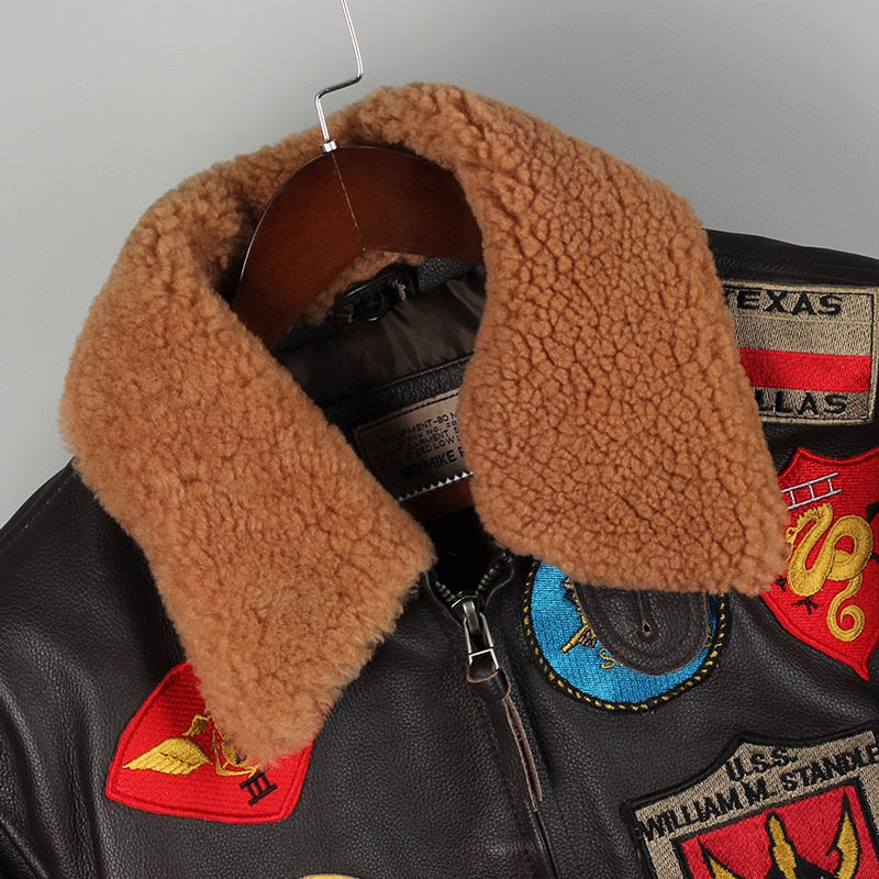 Leather jacket with wool collar