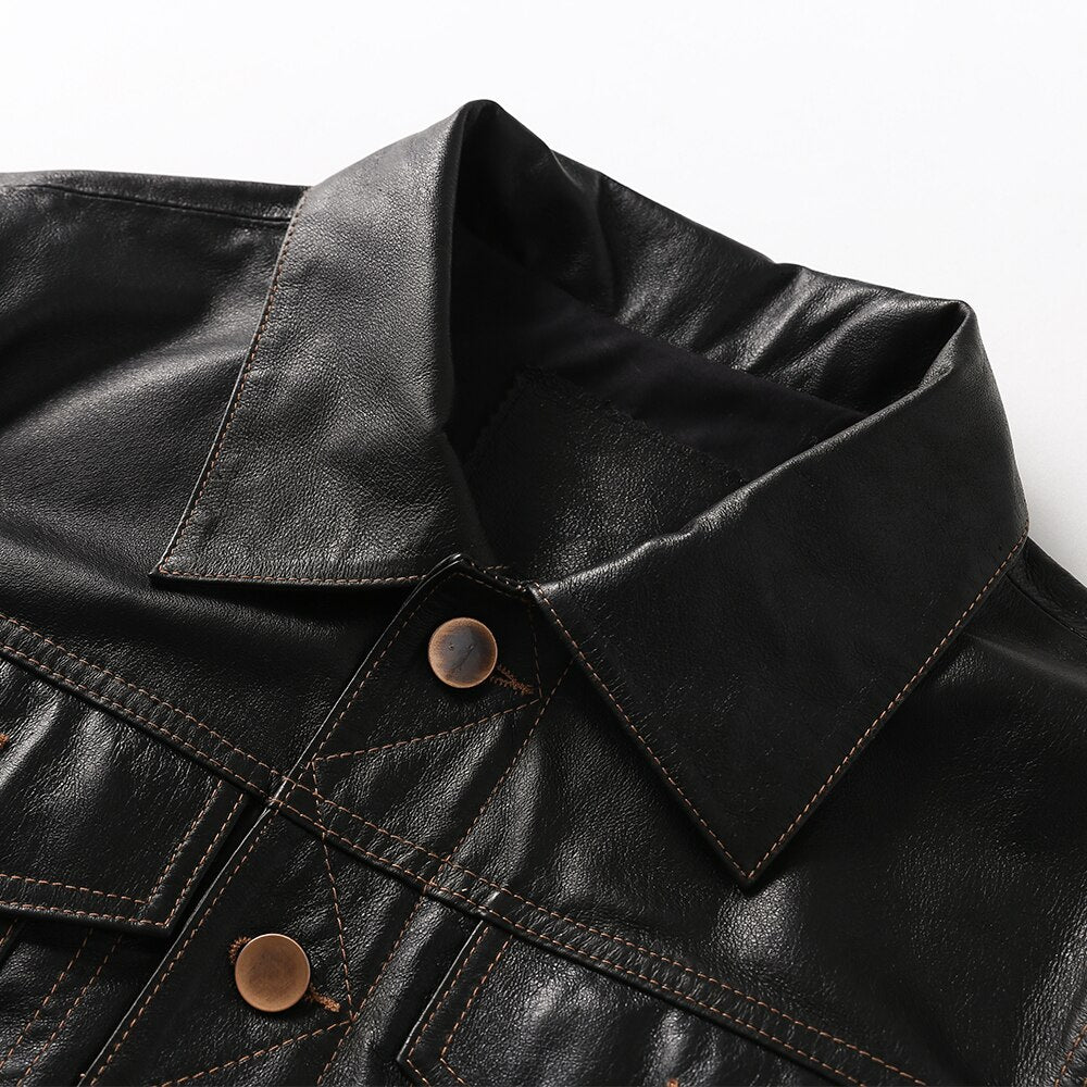 Genuine leather button-down jacket