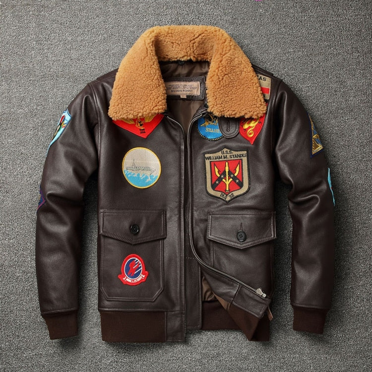 Leather jacket with wool collar