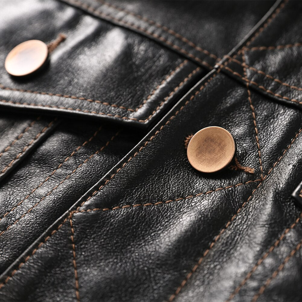 Genuine leather button-down jacket