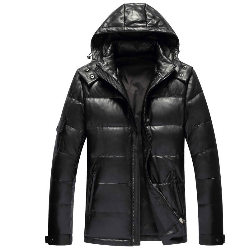 Men's Genuine Leather Hooded Jacket