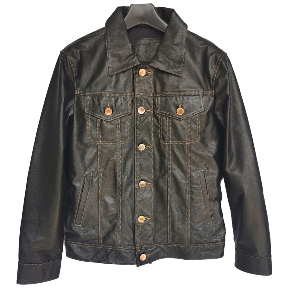 Genuine leather button-down jacket