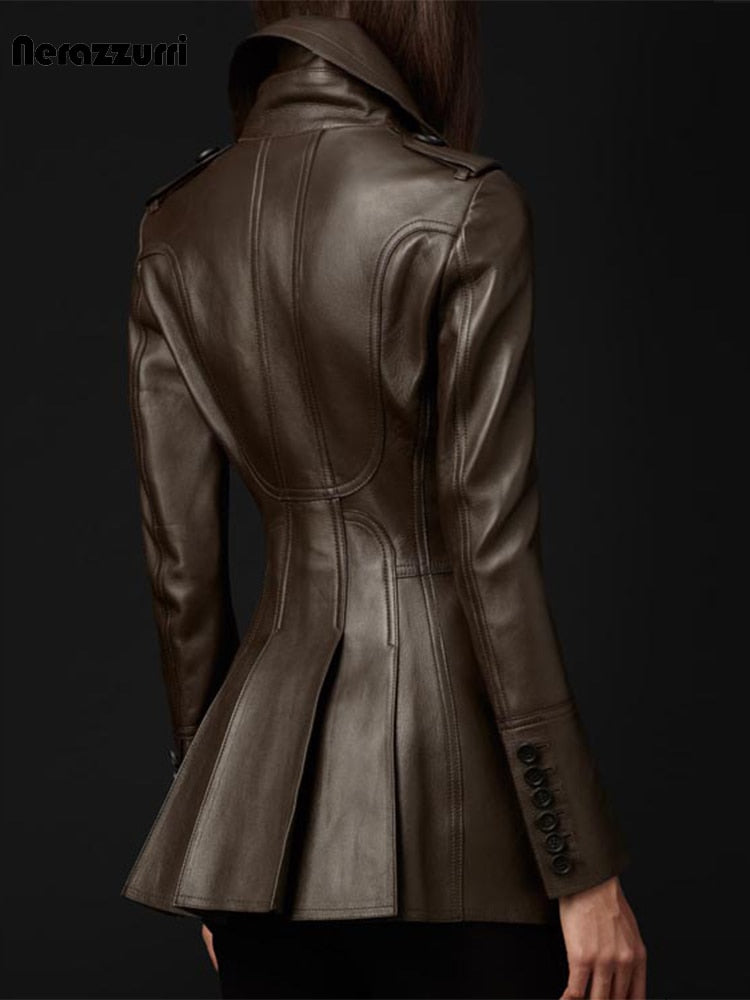 Nerazzurri Women's British Style Brown PU Leather Trench Coat 