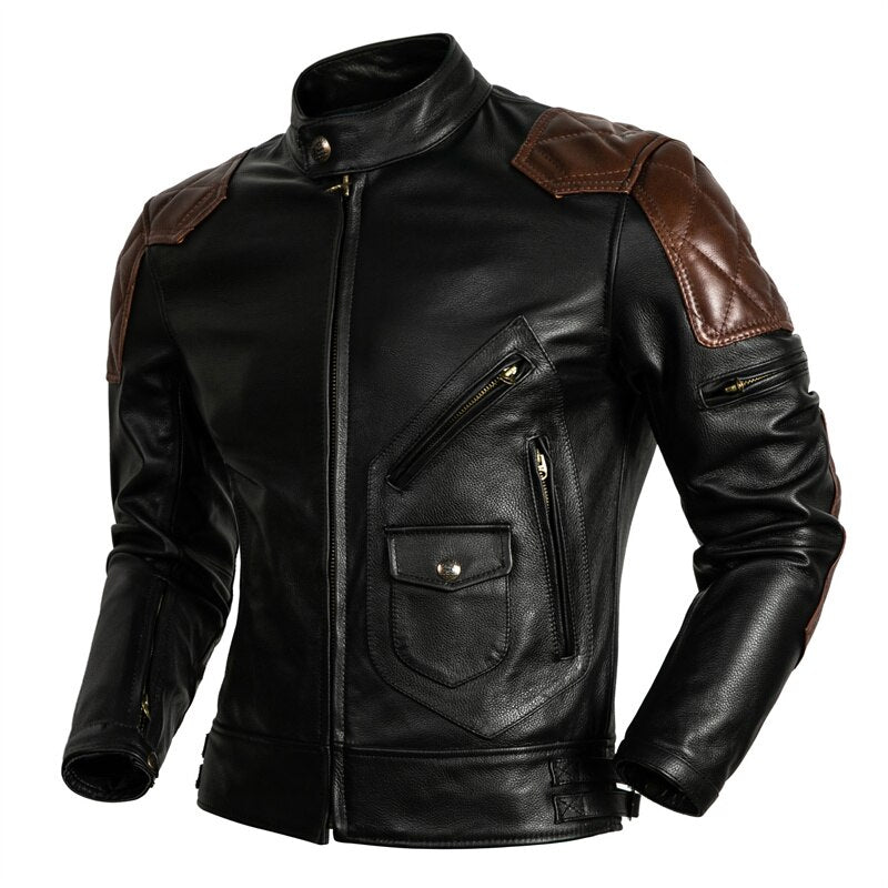 Motorcycle jacket with leather shoulder pads