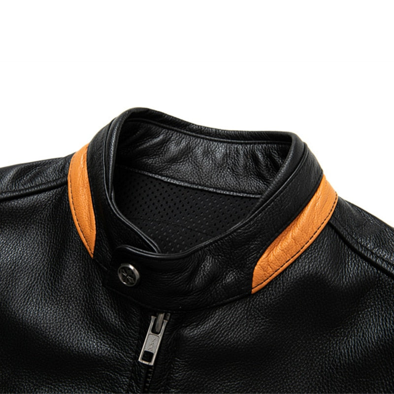 black genuine leather striped jacket