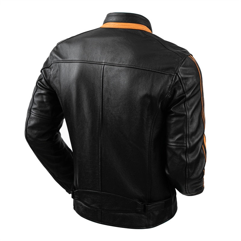 black genuine leather striped jacket