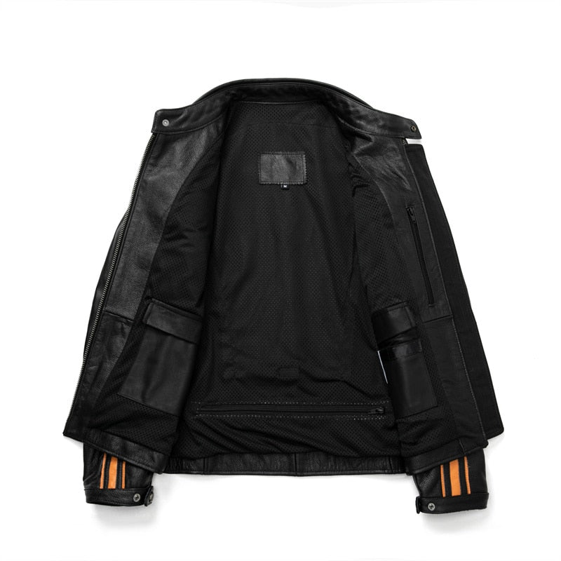 black genuine leather striped jacket