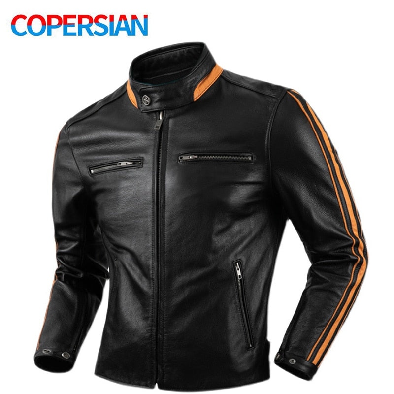 black genuine leather striped jacket